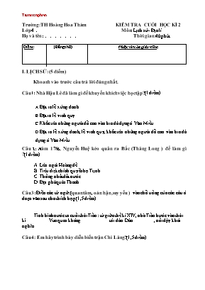 Đề kiểm tra cuối học kỳ 2 môn Lịch sử - Địa lí Lớp 4 - Năm học 2019-2020 - Trường Tiểu học Hoàng Hoa Thám (Có đáp án)